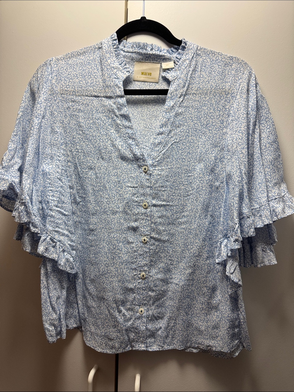 Maeve Pale Blue Micro Floral Ruffle Button-Down Top